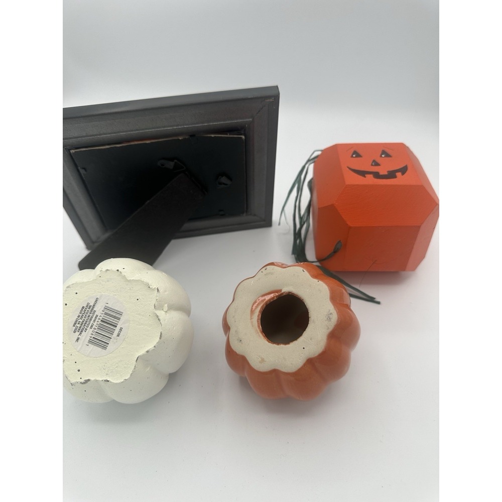 Halloween Pumpkin Decor Lot Ceramic Wood Jack O Lantern Frame Fall Decorations - Picture 6 of 9